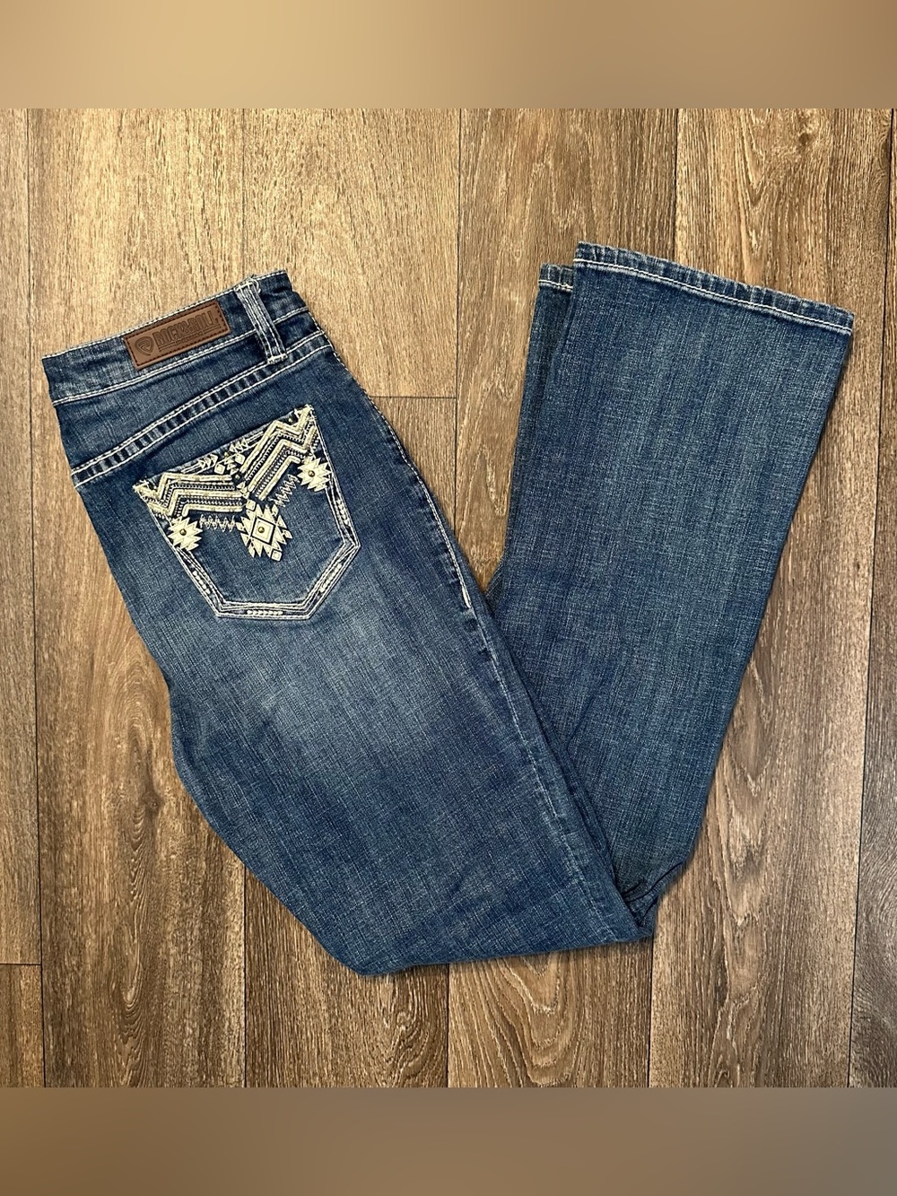 Rock and Roll Denim Western print embroidered boot cut high rise jeans Sz 29x34